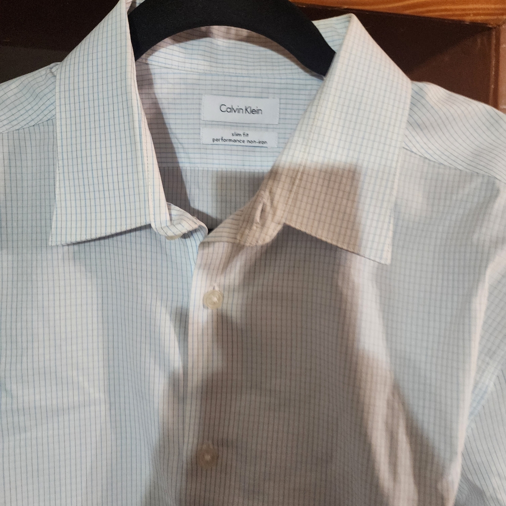 Calvin Klein Men's White Shirt And Blue Check Shirt Slim Fit Size LARGE 16 1/2